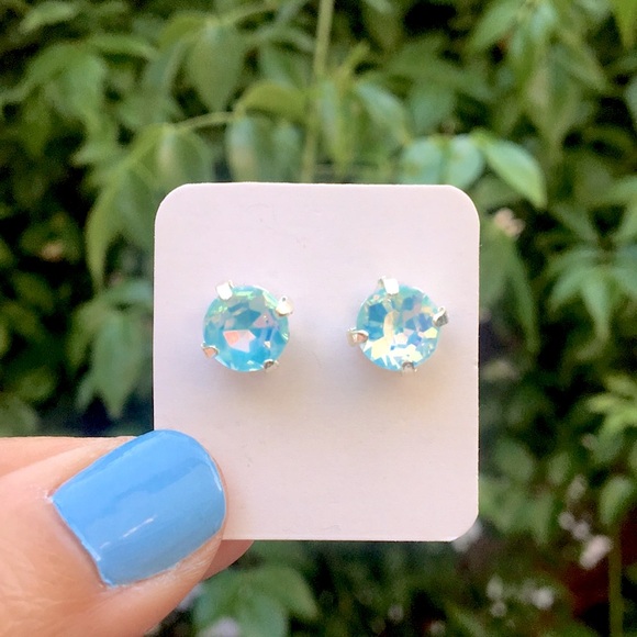 Aquamarine Blue Opal Aurora Borealis + Silver Crystal Earrings